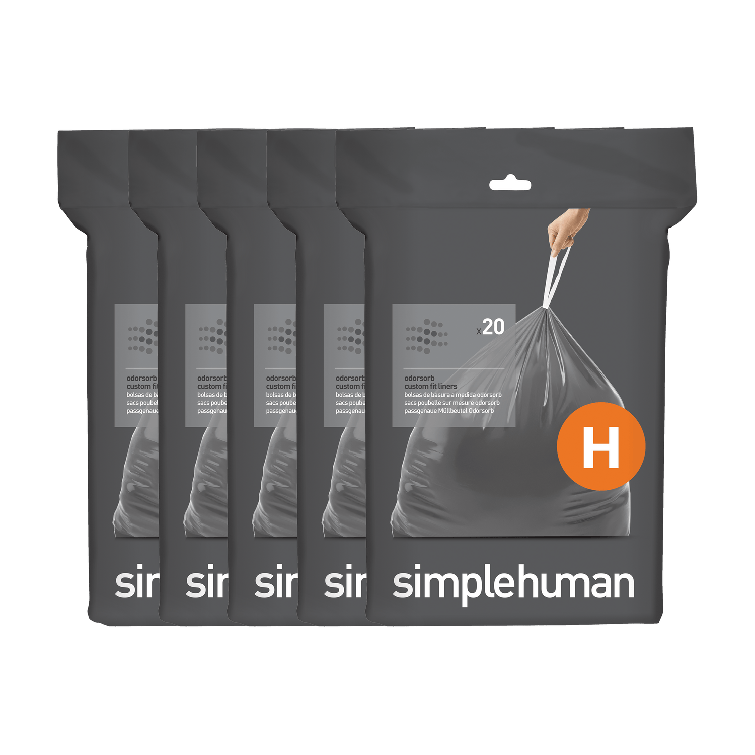 Simplehuman Code H Custom Fit Odorsorb Liners (20-count), custom bags featuring odor control and drawstring tie.