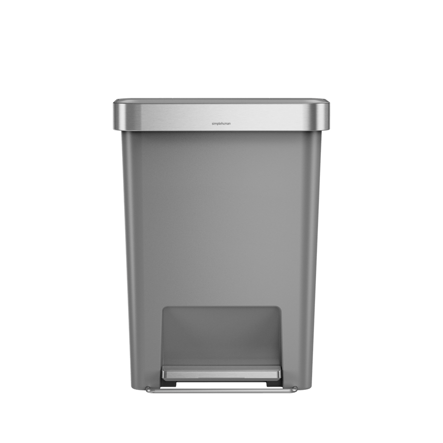 Close-up of Simplehuman 45L Hybrid Step Can, Matte body and Brushed Steel foot pedal for hands-free operation.