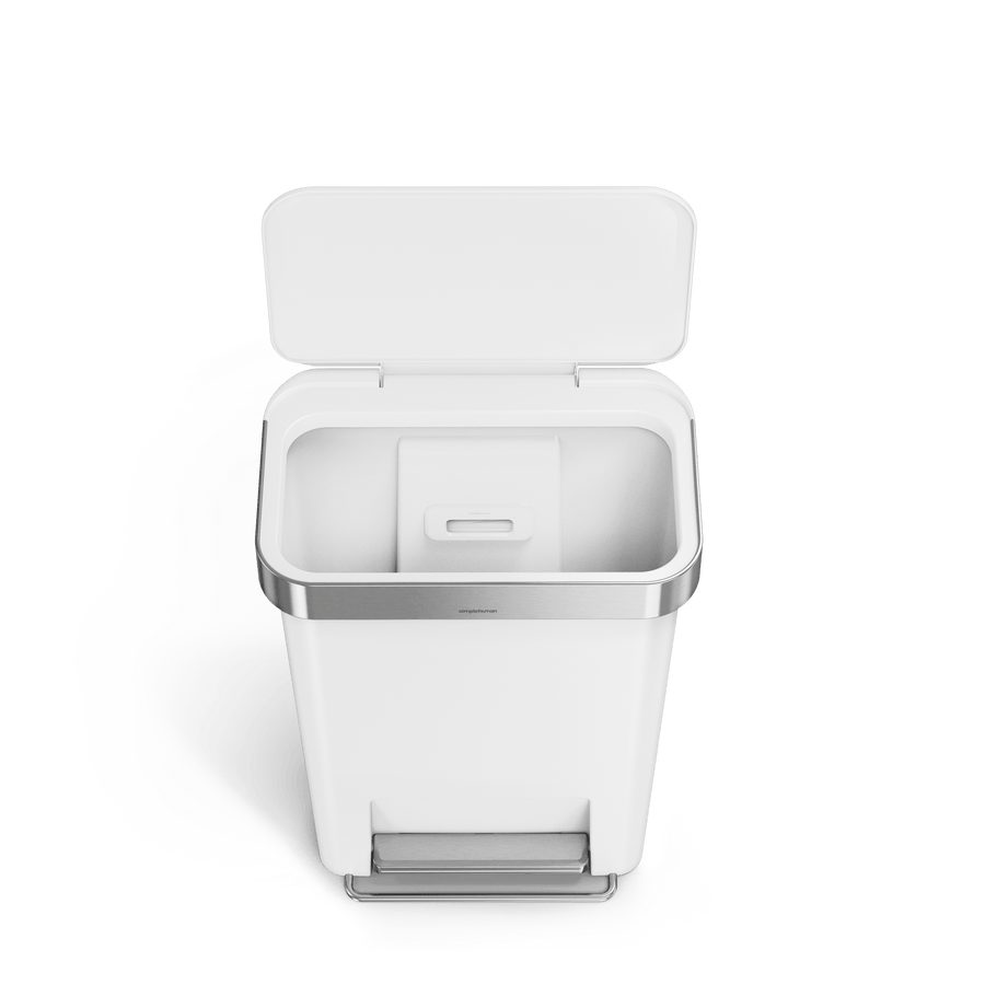 Open view of Simplehuman 45L Hybrid Step Can, White/Brushed Steel, showing internal liner pocket.