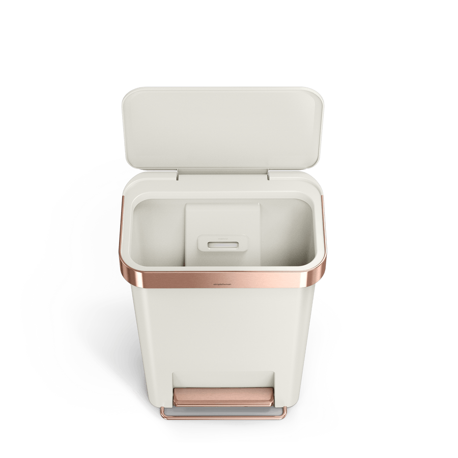 Open view of Simplehuman 45L Hybrid Rectangular Step Can, Cream/Rose Gold, showing internal liner pocket.
