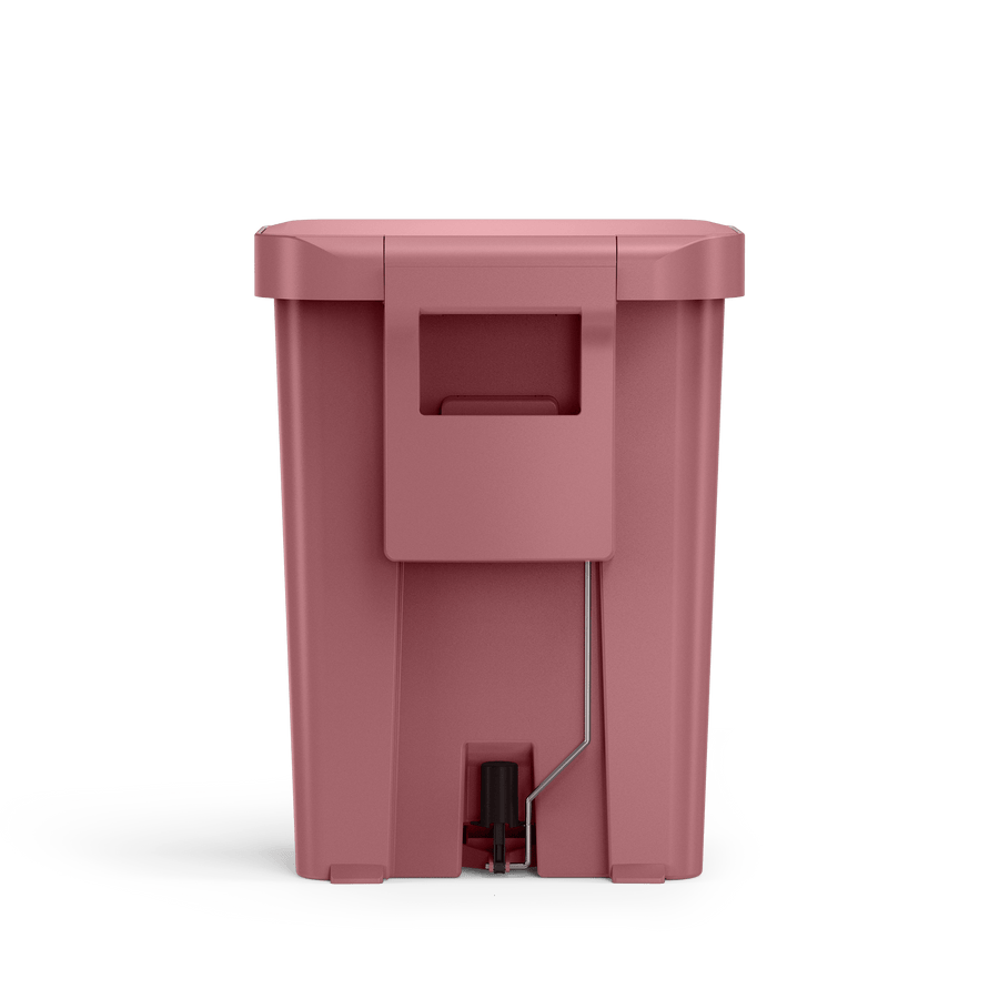 Back view of Simplehuman 45L Hybrid Rectangular Step Can in Dusty Rose, showing integrated carry handle.