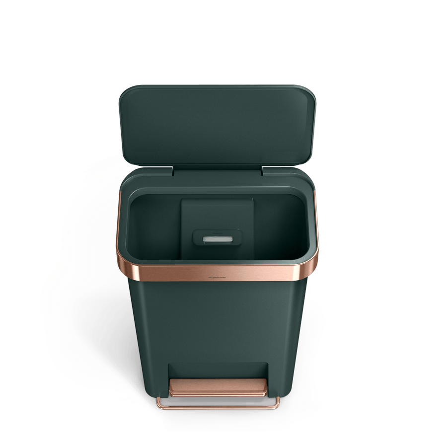 Detail view of Simplehuman 45L Hybrid Step Can, Dark Green, open, showing liner pocket and Rose Gold rim.