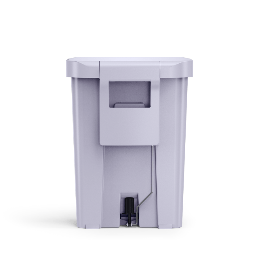 Detail view of Simplehuman 45L Hybrid Step Can in Ultra Violet, showing integrated carry handle and pedal linkage.