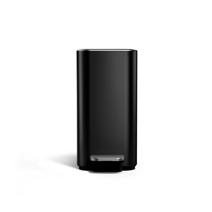 Simplehuman 5L Slim Step Can, Matte Black finish, front view, space-saving slim design.