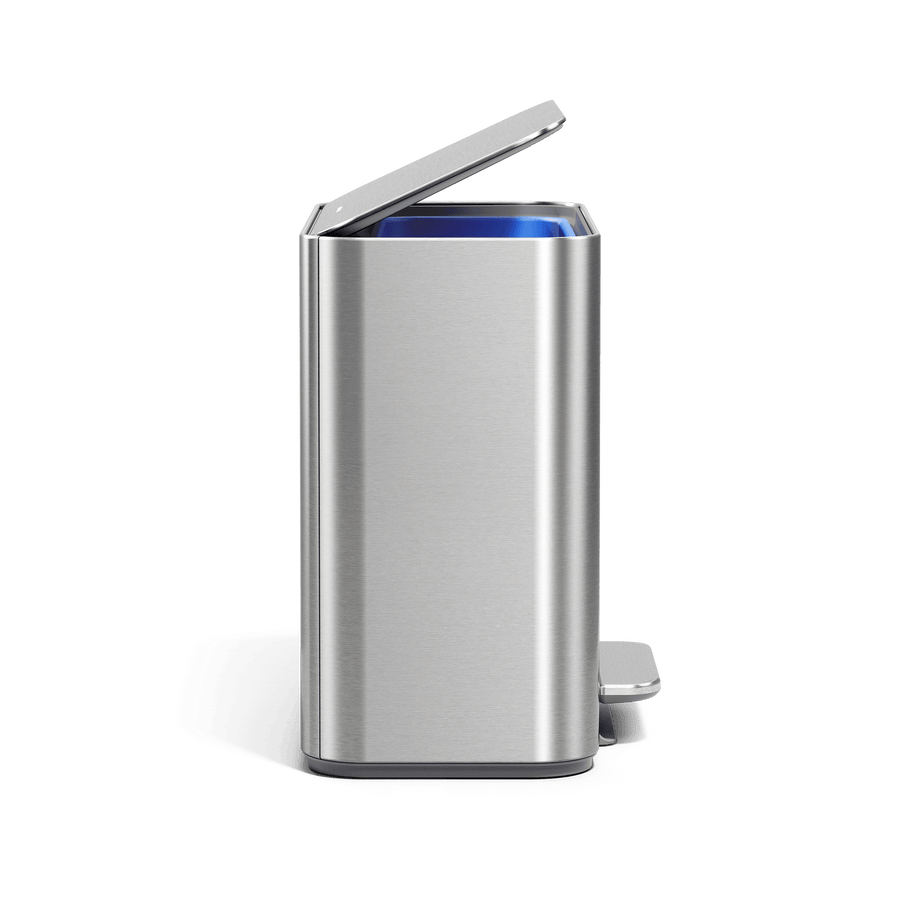 Simplehuman 16L Brushed Stainless Steel Mini Step Can with pedal, side angle.