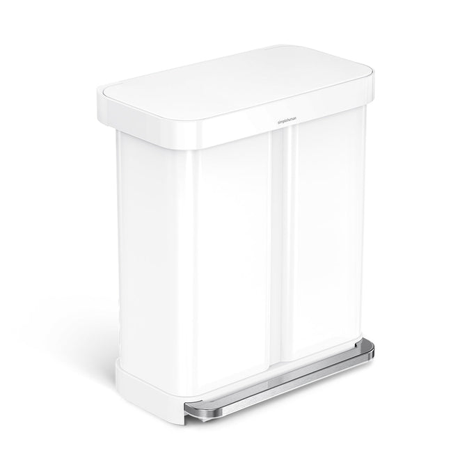 Angled view of Simplehuman 58L White Dual Compartment Step Can with Polished Stainless Steel pedal.
