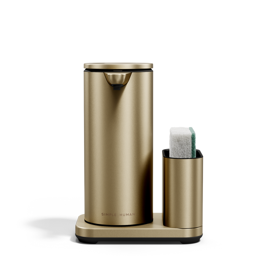 Simplehuman Brushed Brass 14 oz Sensor Pump + Caddy, touch-free, rechargeable, with integrated sponge dock.