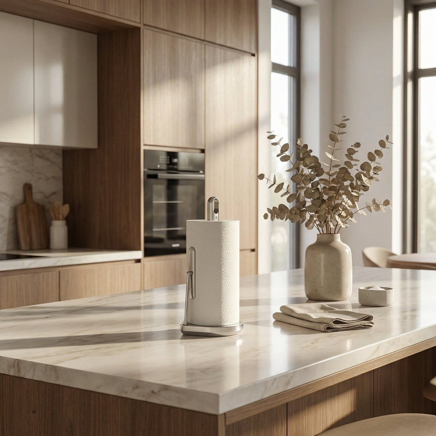Simplehuman's Paper Towel Holder with Spray in Brushed in a modern kitchen setting with lots of natural light on a marble countertop.