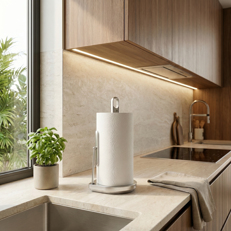 Simplehuman's Paper Towel Holder with Spray in Brushed in a modern kitchen setting with marble countertops and wooden cabinets.