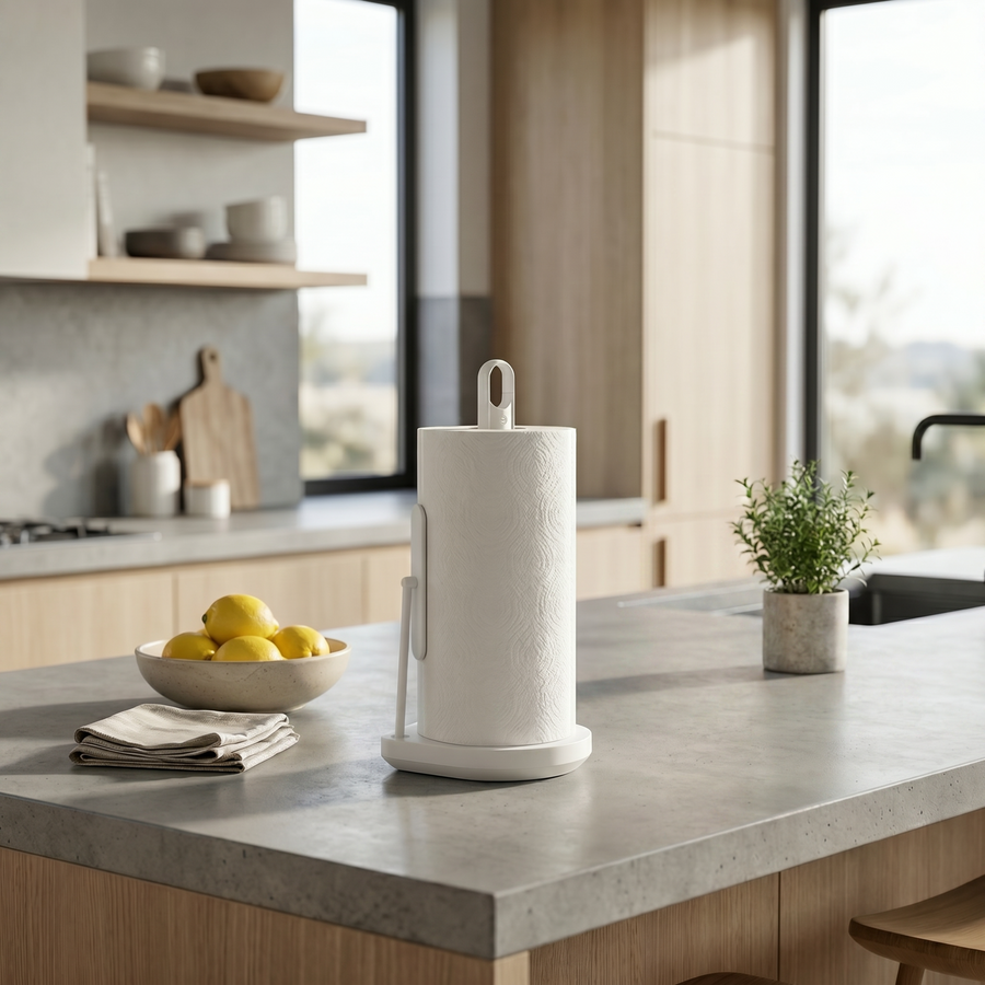 Simplehuman's Paper Towel Holder with Spray in white in a modern kitchen setting with light granite countertop and wooden cabinets with bright, natural light.