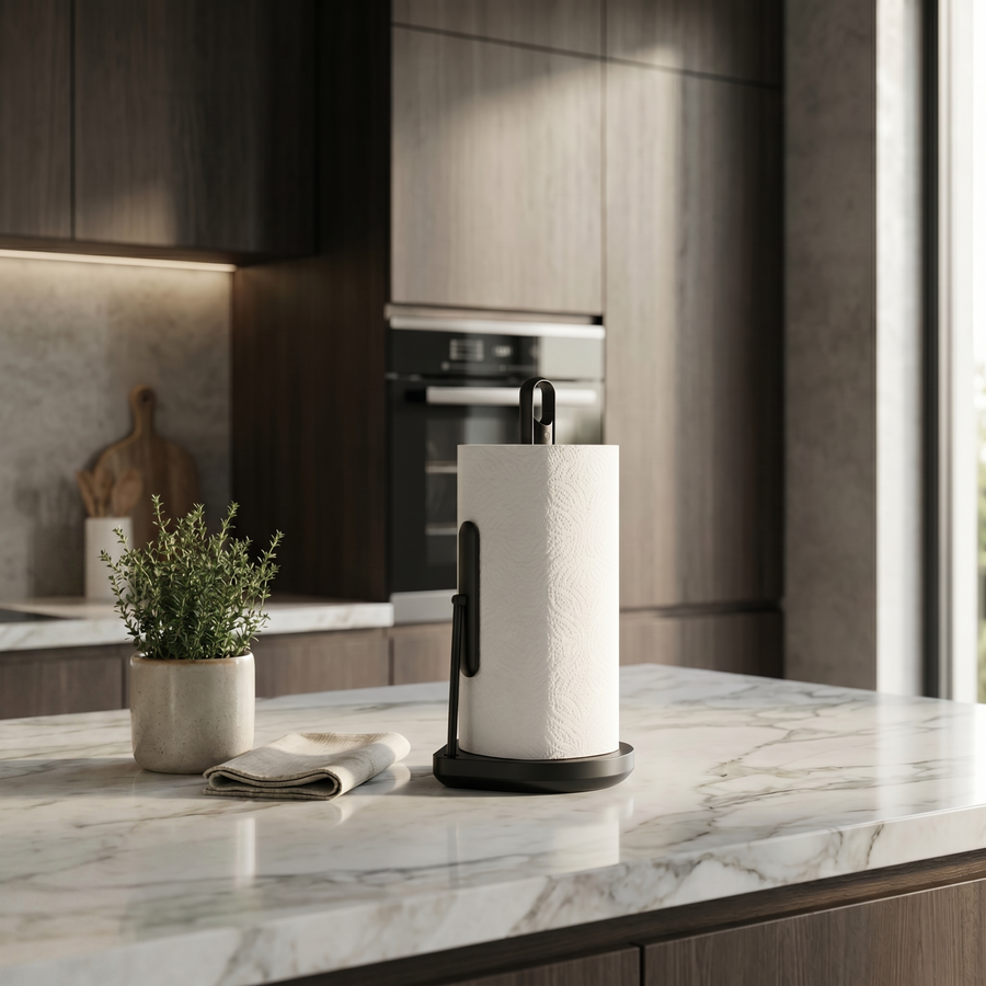 Simplehuman's Paper Towel Holder with Spray in Matte Black in a modern kitchen setting with wooden appliances and marble countertop.