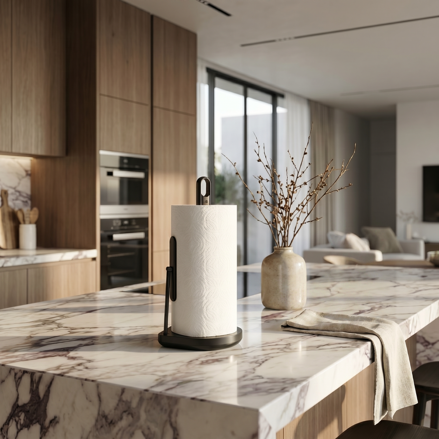 Simplehuman's Paper Towel Holder with Spray in a modern kitchen setting with marble countertop and wooden cabinets with an open living room concept.