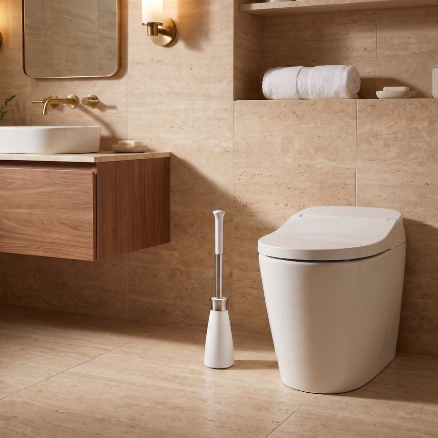 A Simplehuman White Finished Toilet Brush Placed Beside A Toilet. 