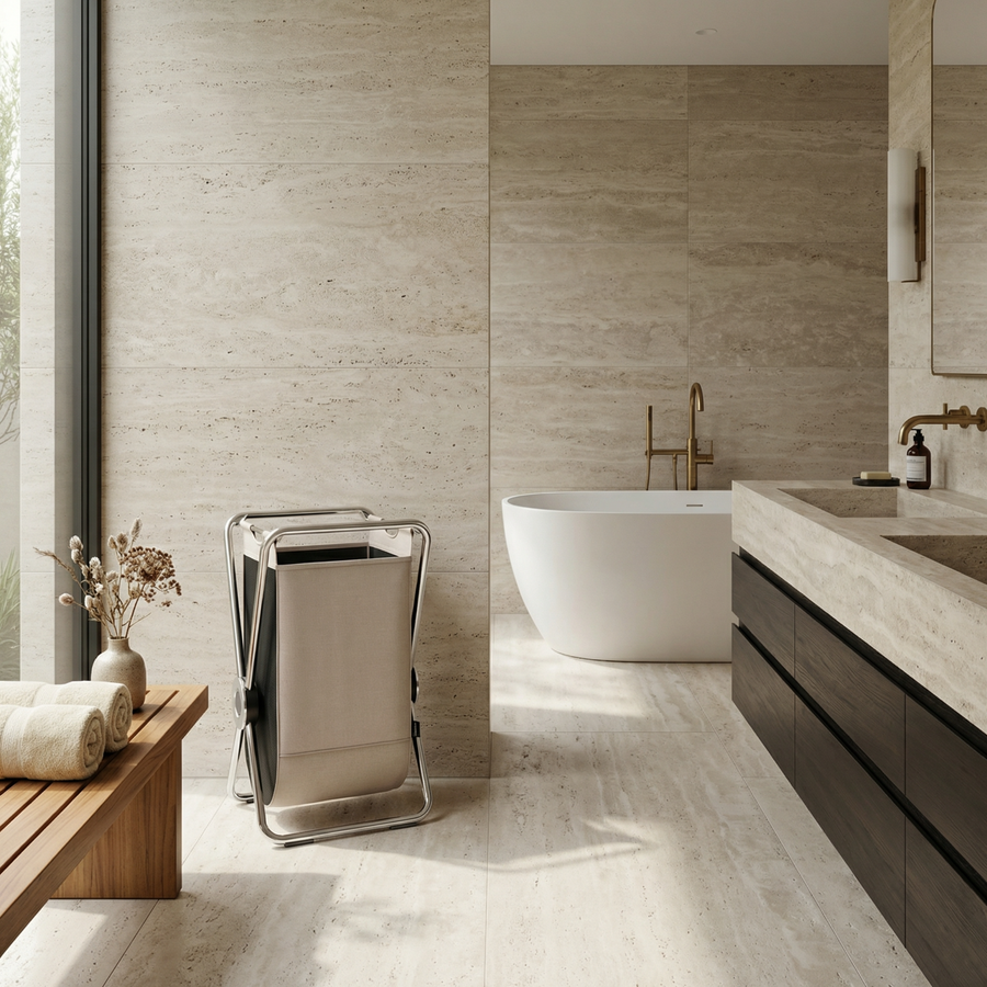 Single X-Frame Hamper in a bathroom setting with natural light.