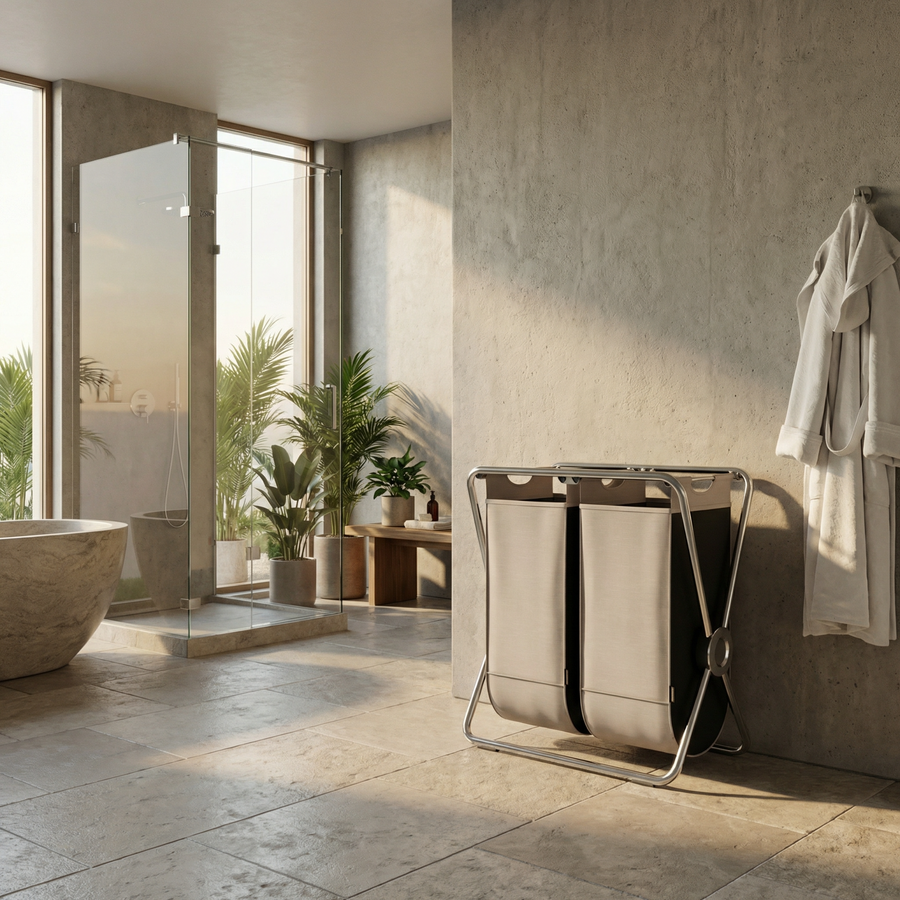 Simplehuman's Double X-Frame Hamper in a modern bathroom setting with natural light.