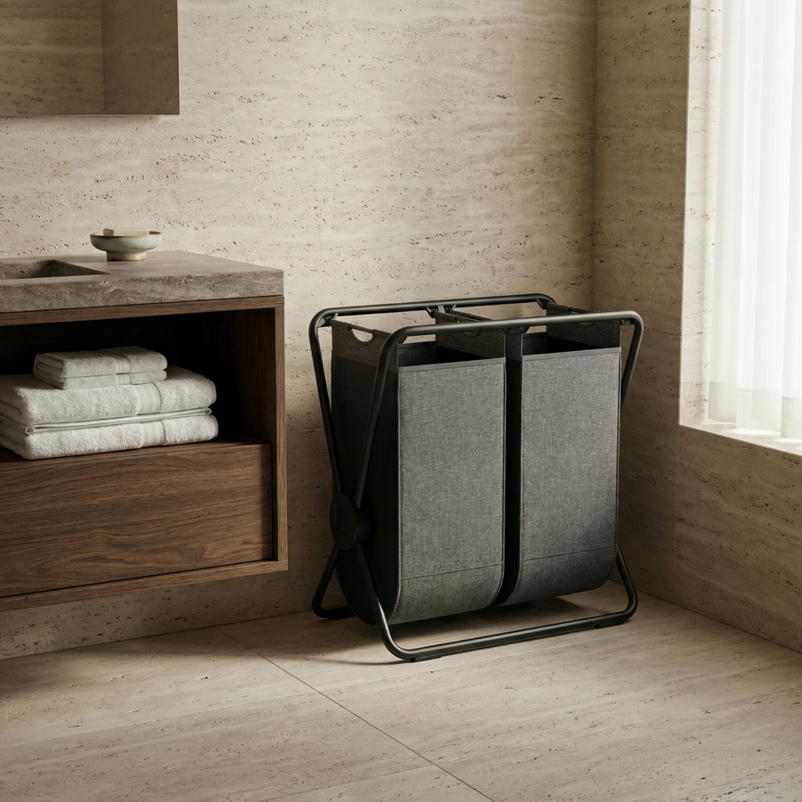 Simplehuman's Double X-Frame Hamper in a modern bathroom setting with marble walls and wooden cabinets.