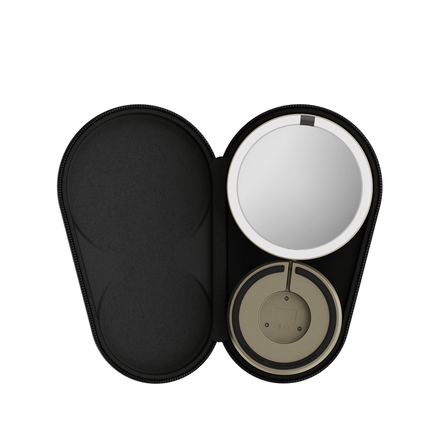 Simplehuman's Sensor Mirror Fold in Matte Gold in the travel case.