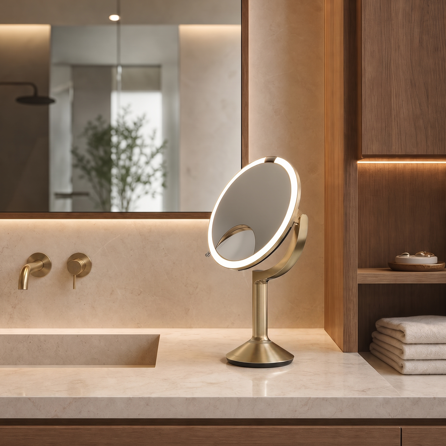 Simplehuman's Matte Gold Sensor Mirror Trio in a modern bathroom setting.