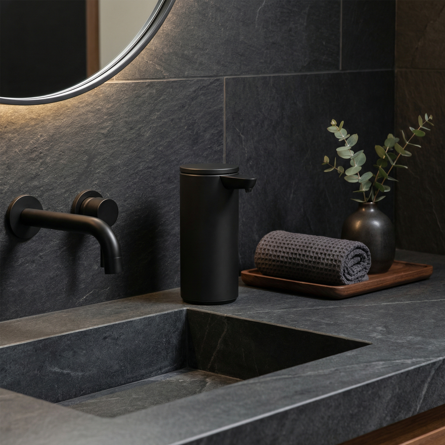 Simplehuman's 9 oz. Liquid Sensor Pump in Matte Black in a darker bathroom setting with black appliances, a few plants and a charcoal colored towel on a wooden tray. 