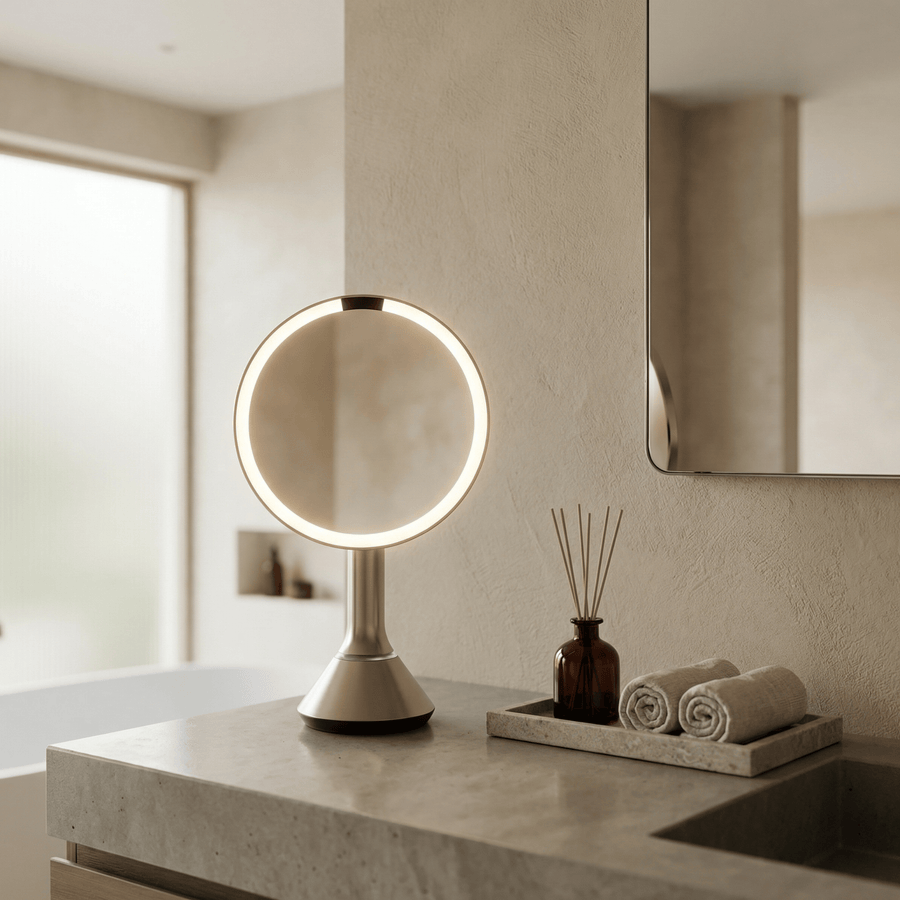 Simplehuman's Sensor Mirror Round in Rose Gold in a modern bathroom setting.