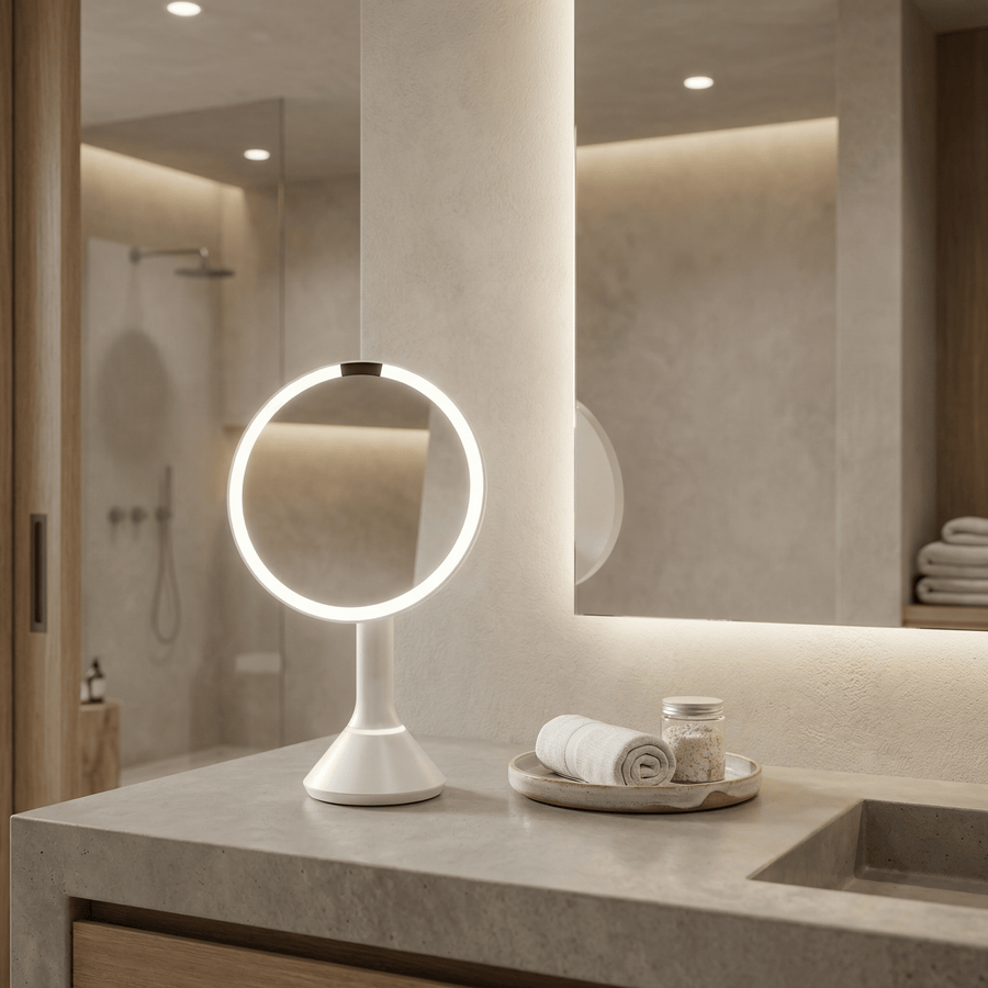 Simplehuman's Sensor Mirror Round in White in a modern bathroom setting.