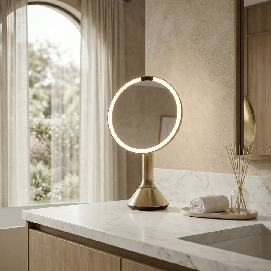 Simplehuman's Sensor Mirror Round in Brass in a modern bathroom setting.