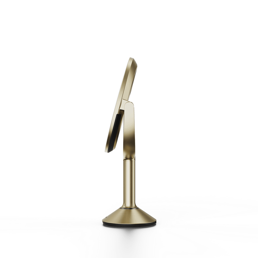 Simplehuman's Sensor Mirror Trio in Matte Gold, side view. 